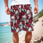 Red Peony Skull Pattern Print Men's Cargo Shorts