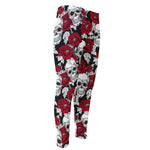 Red Peony Skull Pattern Print Men's Compression Pants