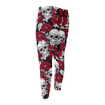 Red Peony Skull Pattern Print Men's Compression Pants