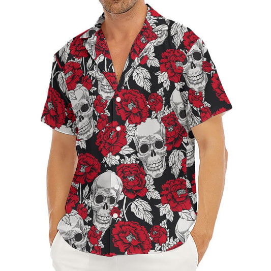 Red Peony Skull Pattern Print Men's Deep V-Neck Shirt