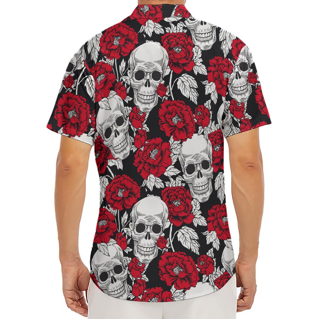 Red Peony Skull Pattern Print Men's Deep V-Neck Shirt