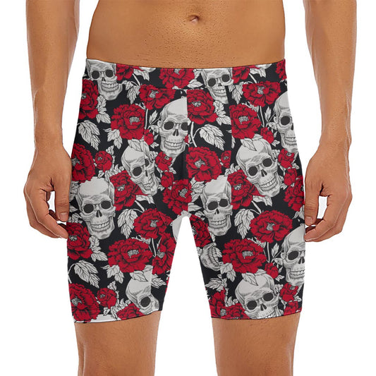 Red Peony Skull Pattern Print Men's Long Boxer Briefs