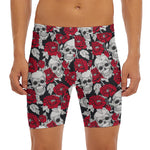 Red Peony Skull Pattern Print Men's Long Boxer Briefs