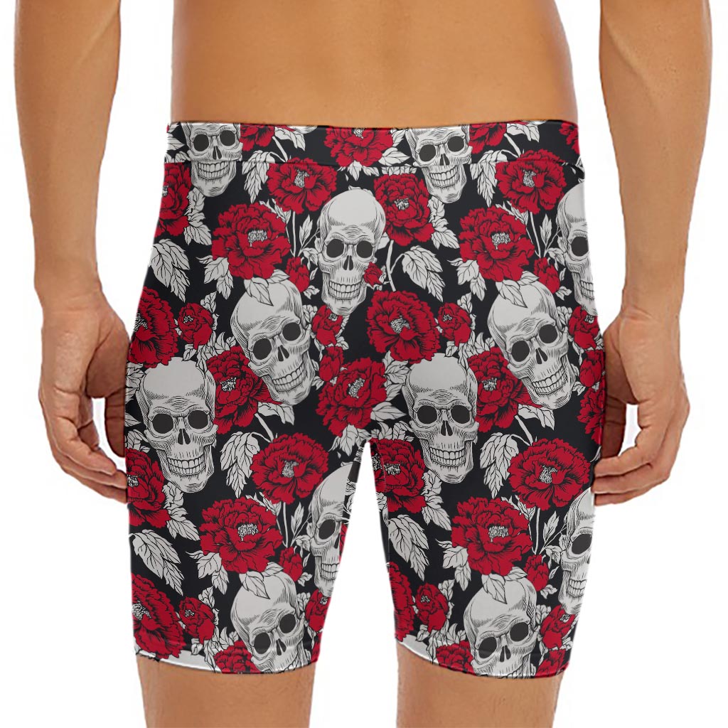 Red Peony Skull Pattern Print Men's Long Boxer Briefs