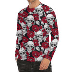 Red Peony Skull Pattern Print Men's Long Sleeve Rash Guard