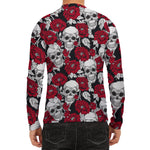 Red Peony Skull Pattern Print Men's Long Sleeve Rash Guard