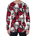 Red Peony Skull Pattern Print Men's Long Sleeve T-Shirt