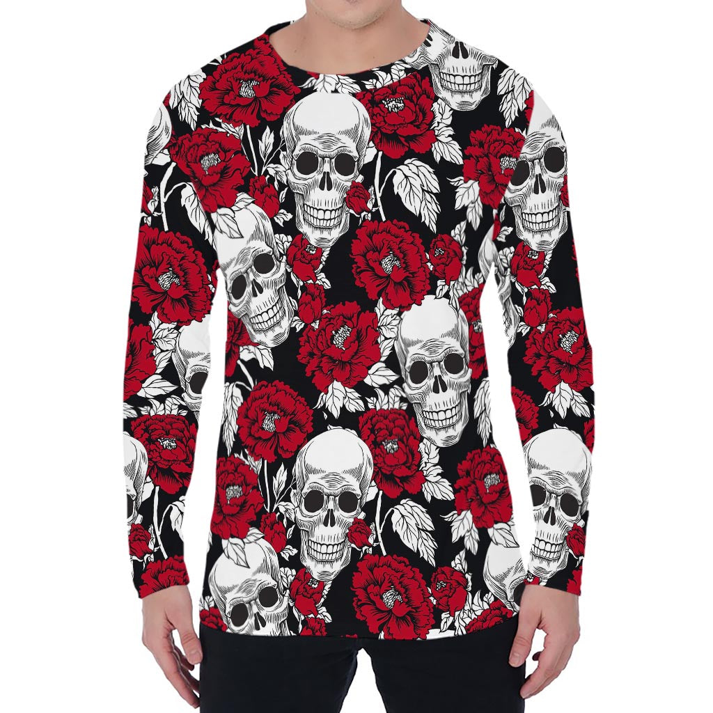 Red Peony Skull Pattern Print Men's Long Sleeve T-Shirt