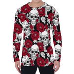 Red Peony Skull Pattern Print Men's Long Sleeve T-Shirt