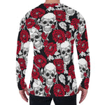 Red Peony Skull Pattern Print Men's Long Sleeve T-Shirt