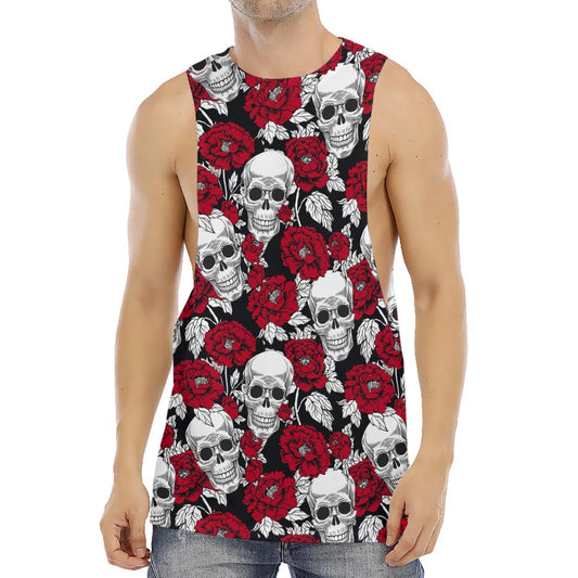 Red Peony Skull Pattern Print Men's Muscle Tank Top