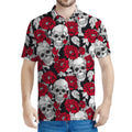 Red Peony Skull Pattern Print Men's Polo Shirt