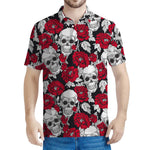 Red Peony Skull Pattern Print Men's Polo Shirt