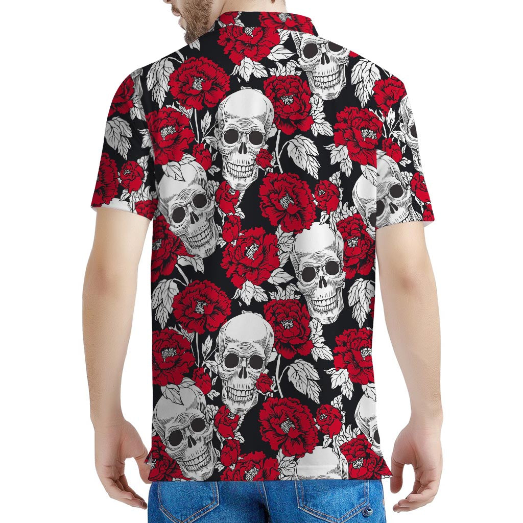 Red Peony Skull Pattern Print Men's Polo Shirt