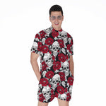 Red Peony Skull Pattern Print Men's Rompers