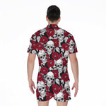 Red Peony Skull Pattern Print Men's Rompers