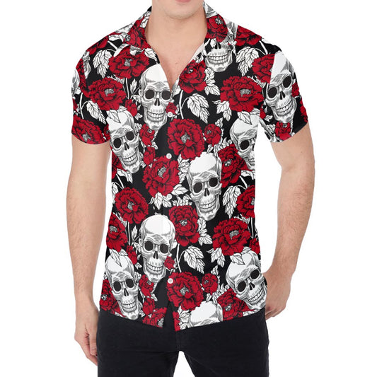 Red Peony Skull Pattern Print Men's Shirt
