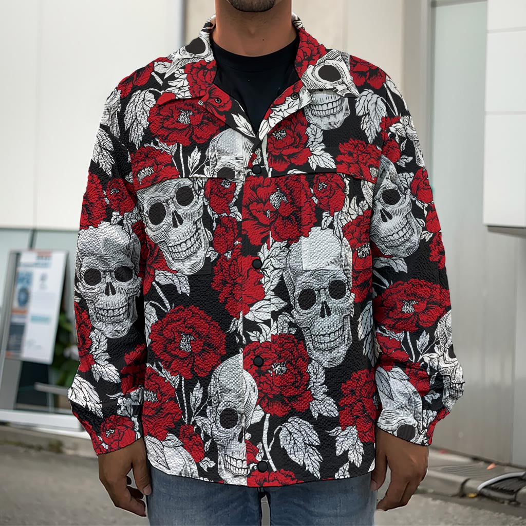 Red Peony Skull Pattern Print Men's Shirt Jacket