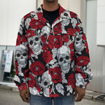 Red Peony Skull Pattern Print Men's Shirt Jacket