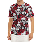 Red Peony Skull Pattern Print Men's Short Sleeve Rash Guard