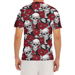 Red Peony Skull Pattern Print Men's Short Sleeve Rash Guard