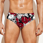 Red Peony Skull Pattern Print Men's Swim Briefs