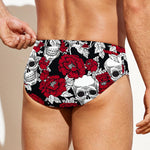 Red Peony Skull Pattern Print Men's Swim Briefs