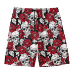 Red Peony Skull Pattern Print Men's Swim Trunks