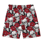 Red Peony Skull Pattern Print Men's Swim Trunks