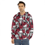 Red Peony Skull Pattern Print Men's Velvet Pullover Hoodie