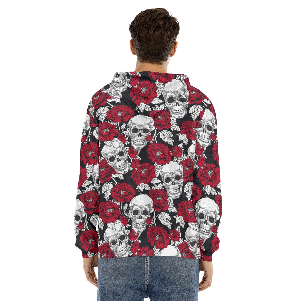Red Peony Skull Pattern Print Men's Velvet Pullover Hoodie