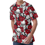 Red Peony Skull Pattern Print Men's Velvet T-Shirt