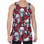 Red Peony Skull Pattern Print Men's Velvet Tank Top