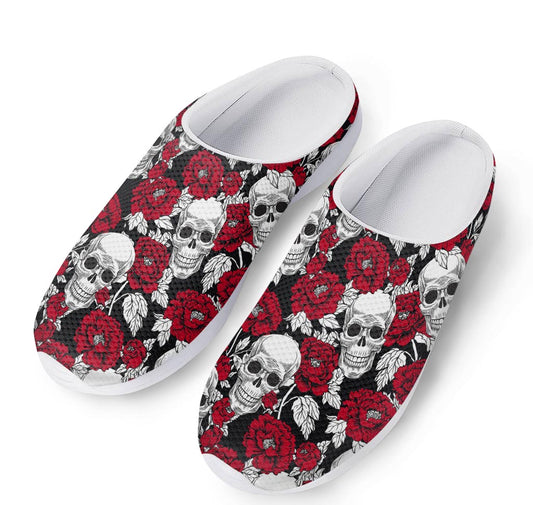 Red Peony Skull Pattern Print Mesh Casual Shoes