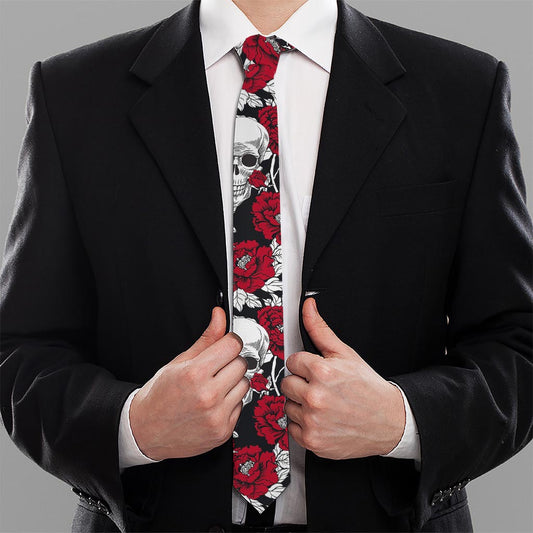 Red Peony Skull Pattern Print Necktie