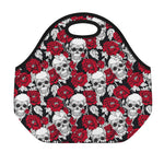 Red Peony Skull Pattern Print Neoprene Lunch Bag