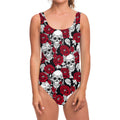 Red Peony Skull Pattern Print One Piece Swimsuit