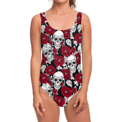 Red Peony Skull Pattern Print One Piece Swimsuit