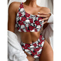 Red Peony Skull Pattern Print One Shoulder Bikini Set