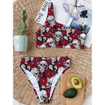 Red Peony Skull Pattern Print One Shoulder Bikini Top