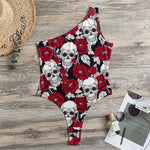 Red Peony Skull Pattern Print One Shoulder Bodysuit
