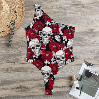 Red Peony Skull Pattern Print One Shoulder Bodysuit