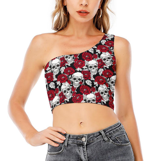Red Peony Skull Pattern Print One Shoulder Crop Top