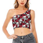 Red Peony Skull Pattern Print One Shoulder Crop Top