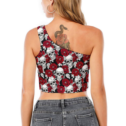 Red Peony Skull Pattern Print One Shoulder Crop Top