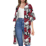 Red Peony Skull Pattern Print Open Front Beach Cover Up