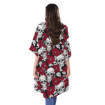 Red Peony Skull Pattern Print Open Front Beach Cover Up