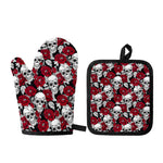 Red Peony Skull Pattern Print Oven Mitt And Pot Holder Set