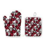 Red Peony Skull Pattern Print Oven Mitt And Pot Holder Set