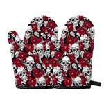 Red Peony Skull Pattern Print Oven Mitts